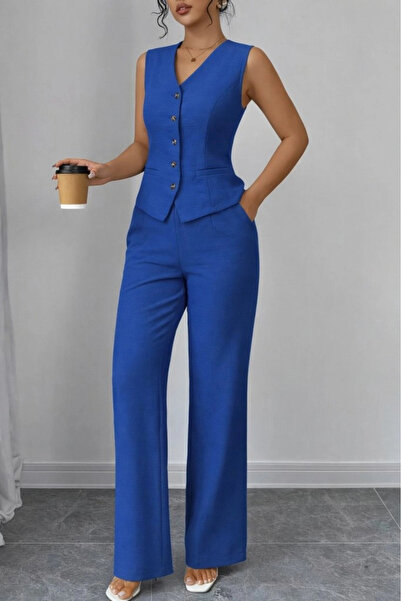 Generic Brand Bluză și pantaloni pentru femei cu nasturi în față cu bretele, ...