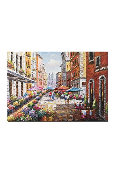 artnova Ръчно рисувана картина на градски пейзаж, Алея с цветя и тераси, 100x...