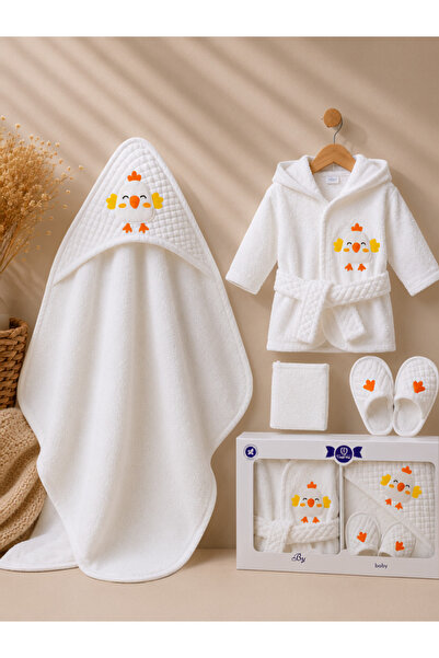 Lilliy %100 Organik Pamuk 4 Parça Bebek Bornoz Havlu Seti – Civciv Desenli – ...