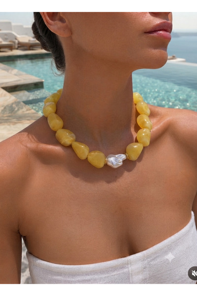 AychaAksesuar Yellow Big Beaded Pearl Necklace