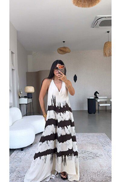 Buket Teke Brown Striped Halter Neck Premium Maxi Dress