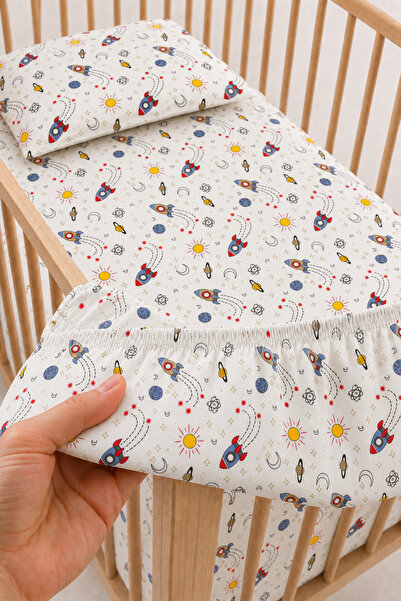 Bebelz 100% Cotton Space Patterned Baby Elastic Sheet Set - 2 Pillowcases 60X...