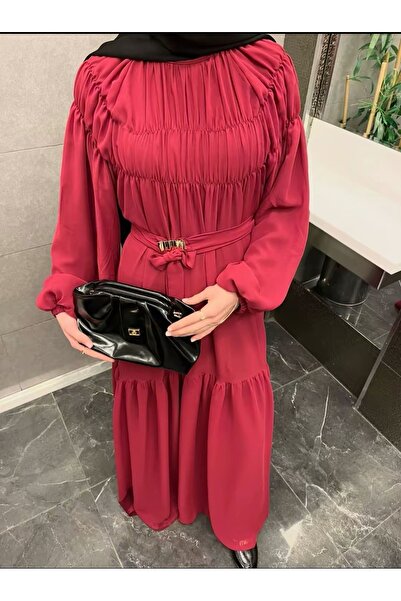MODİVA MİX Women's Pleated Collar Layered Flounce Belted Hijab Dress