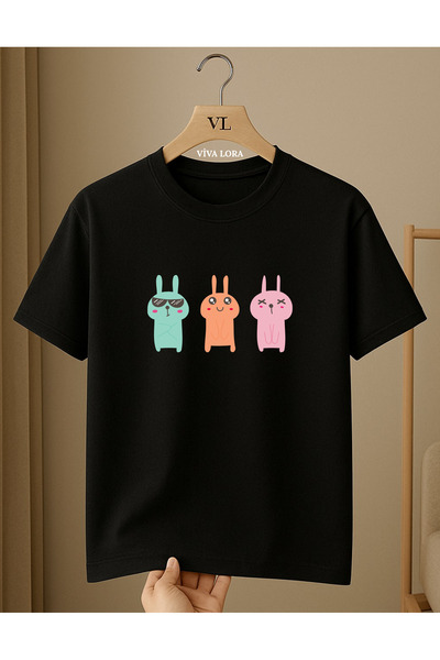 VİVA LORA تي شيرت أسود عادي للجنسين مطبوع عليه MINI RABBITS مصنوع من القطن بن...