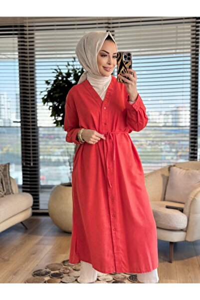 Merwishop MRW1794 V Yaka Düğmeli Uzun Keten Gömlek Mercan