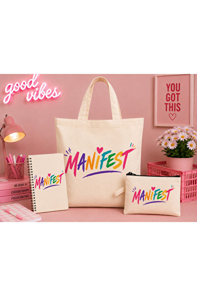 MANİFEST 3’lü Kırtasiye Seti – Bez Çanta, Cüzdan ve Yandan Spiralli Defter | ...