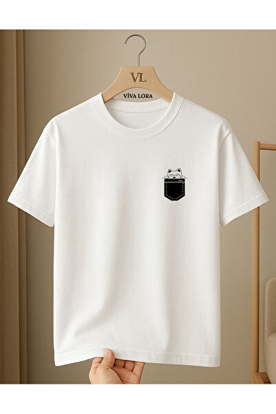 VİVA LORA Tricou UNISEX ALB cu guler rotund, imprimat cu MINI CAT, 100% bumbac