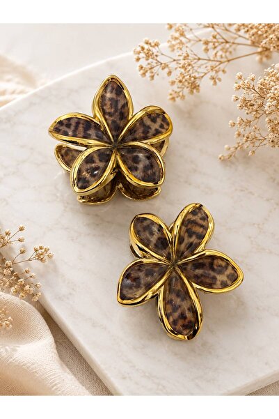 ROYAL GİFT 2'Lİ Gold Detaylı Leopar Desenli Çiçek Saç Tokası