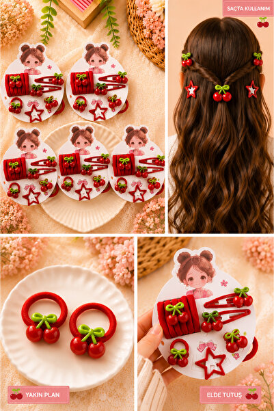 Nisankids Girl's Hair Clip and Rubber Band Set with Cherry Figures