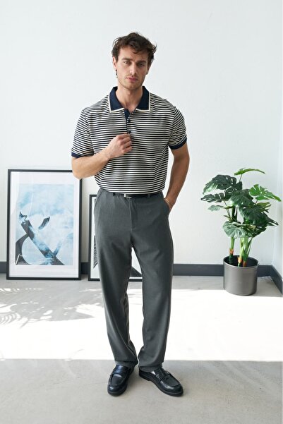 duo fideles Men's Collared Striped T-Shirt