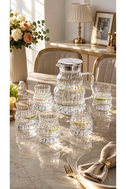 Maloria 7 Parça Çizgili Tasarım Borosilikat İnce Kristal Su Seti | 1600ml Sür...