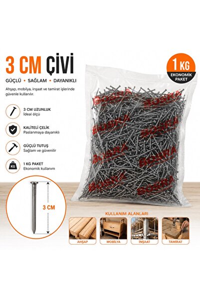 Trendhane 1 kg 3 cm Çivi Dayanıklı Çelik İnşaat Ve Ahşap Çivisi Çok Amaçlı