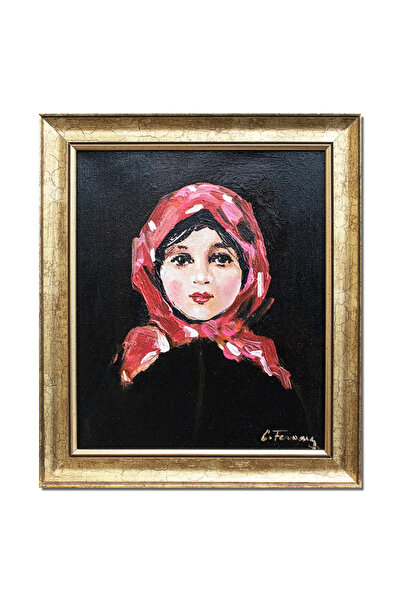 artnova Tablou celebu inramat pictat manual, Portret de tarancuta cu basma ro...