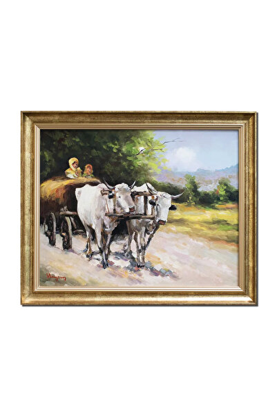 artnova Ръчно рисувана рамкирана картина на волска каруца, 65x55 см, маслена ...