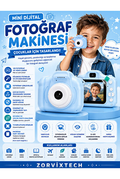 ZorvixTech Renkli Çocuk Kamerası Mini Dijital Fotoğraf Makinesi Taşınabilir T...