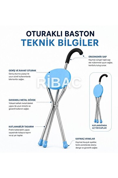 ribac Oturaklı Baston Katlanabilir Baston Sandalye Yaşlı ve Hasta Yürüme Dest...