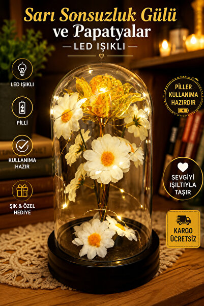 RELİEVO SEVGİLİYE ÖZEL Işıklı Sarı Sonsuzluk Gülü Fanus – Papatyalı Fanus Dek...