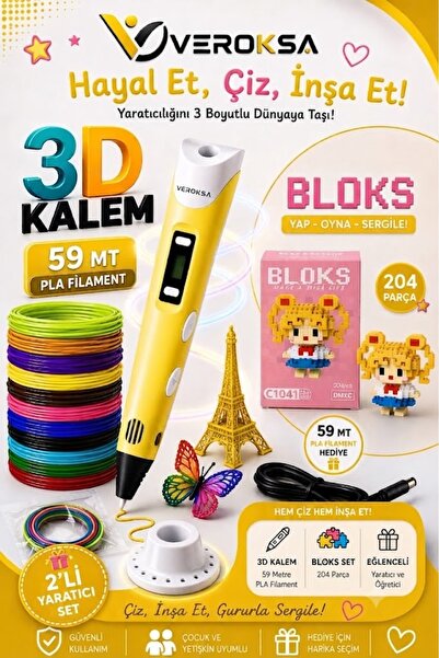 VEROKSA SARI 3D Kalem + 204 Parça Bloks Seti – Hayal Et, Çiz, İnşa Et!