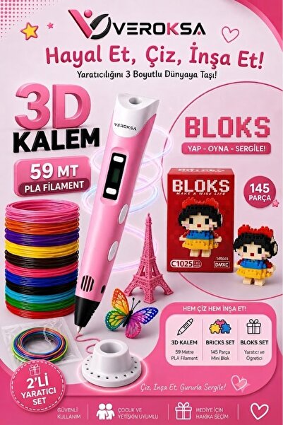 VEROKSA PEMBE 3D Kalem ve 145 Parça Blok Seti – Yaratıcılığını 3 Boyutlu Düny...