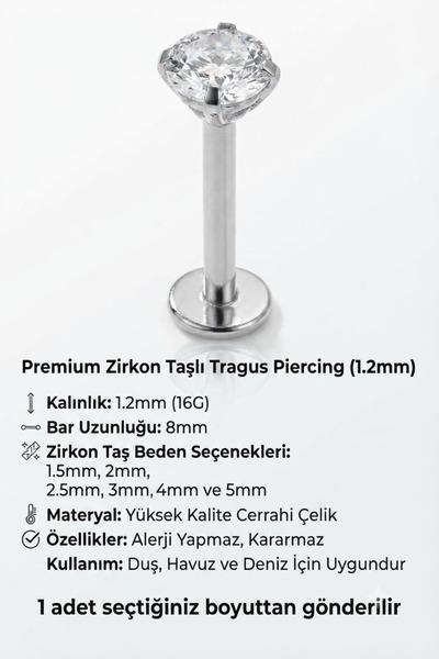 Blisse Piercing 8mm Zirkon Taşlı Tragus Helix Kıkırdak Dudak Kulak Burun Cerr...