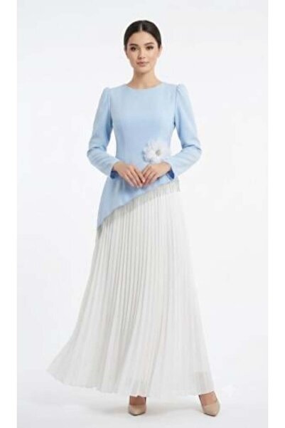 unbranded Women's Sky Blue and White Pleated Maxi Evening Dress with Floral W...