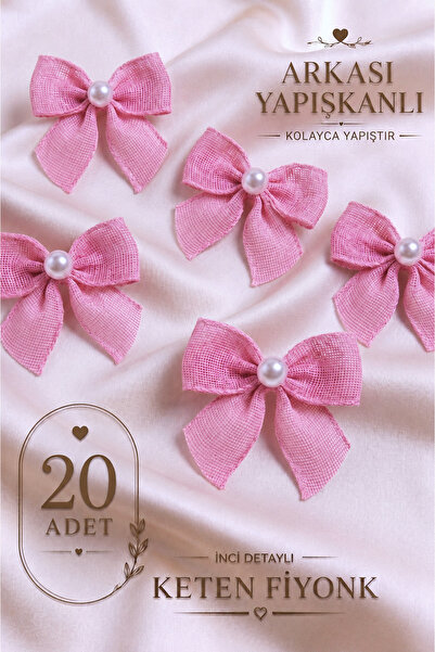 Ak Tuhafiye Adhesive Pearlized Linen Bow 20 Pieces Pink -Gift Package-Wedding...