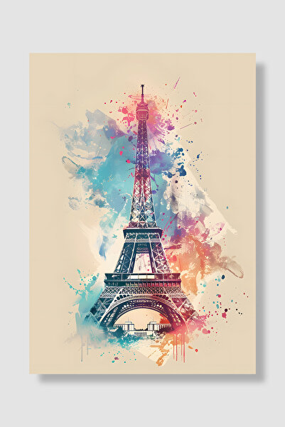 Luna Marissa Poster Turnul Eiffel Acuarelă Roz Albastru Stropi de vopsea Pari...