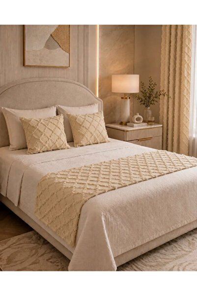 desenizmir Bohemian Beige Double Bed Runner and Throw Pillow Cover Set