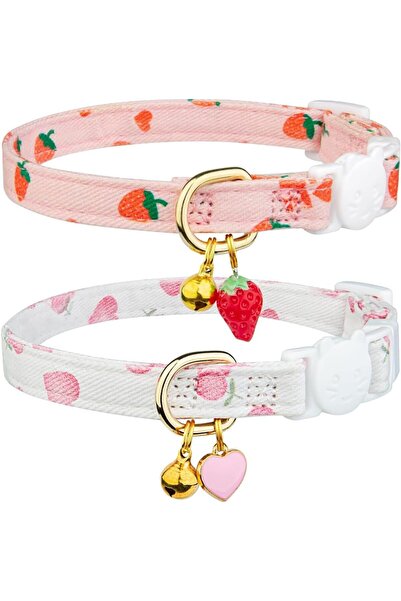 Arabest 2 Pack Detachable Cat Collar,Cotton,Pink Strawberry & White Heart Pen...