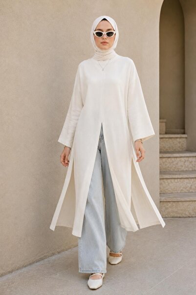 AFVENTE Viera Linen Blend Slit Long Tunic Ecru