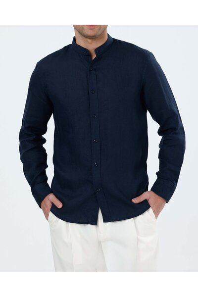 TerziAdemAltun Italian Style Slim Fit Men's Court Collar Linen Shirt Navy Blu...