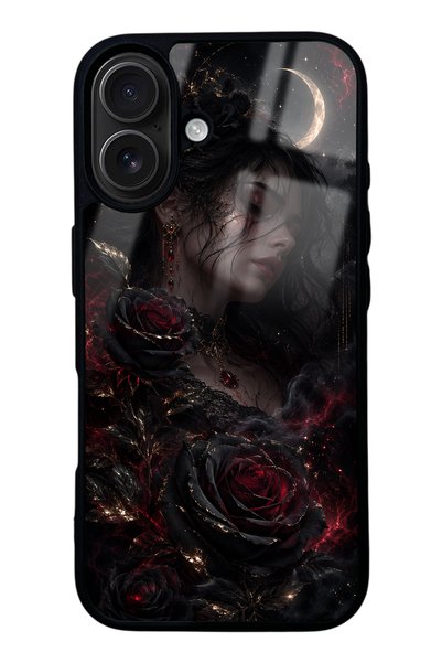 Spoyi iPhone 16 Glossy Phone Case with Crimson Moon Rose Design
