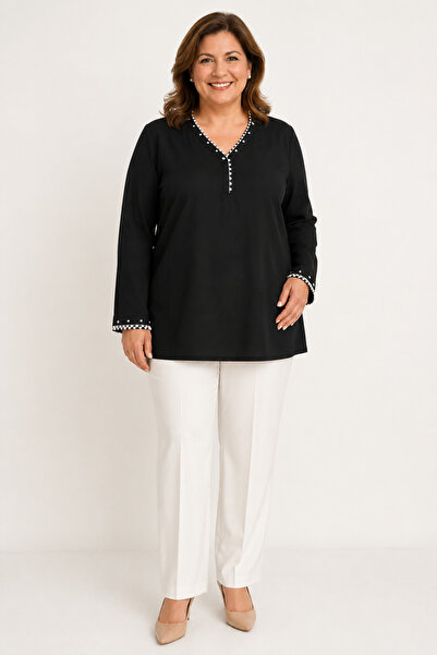 bihan store Women's V-Neck Long Sleeve Tunic Blouse with Stone and Grout Deta...