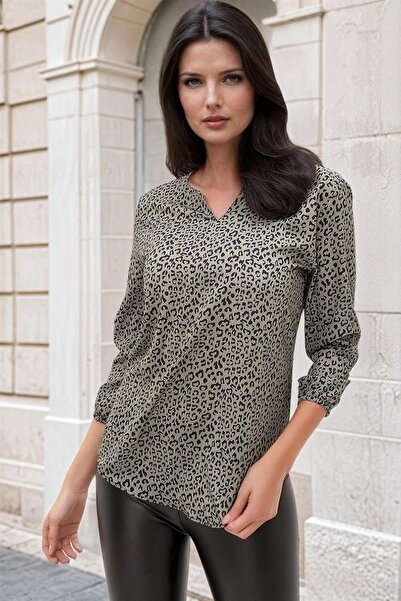 Moda4x4 Khaki Leopard Print, Elastic Sleeves Detail, Chiffon Blouse