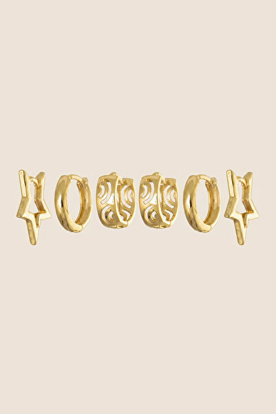 Hetra Gold Color Steel Star Plain and Patterned 6-Piece Hoop Earring Set
