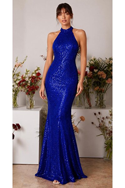 elissaa HALTER YAKA UZUN PUL PAYET ABİYE ELBİSE