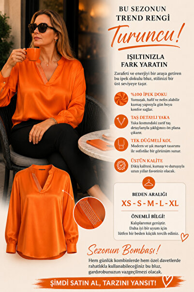 irina varol Kadın Turuncu İpek Dokulu Taş Detaylı Bluz Oversize Uzun Kollu Şı...