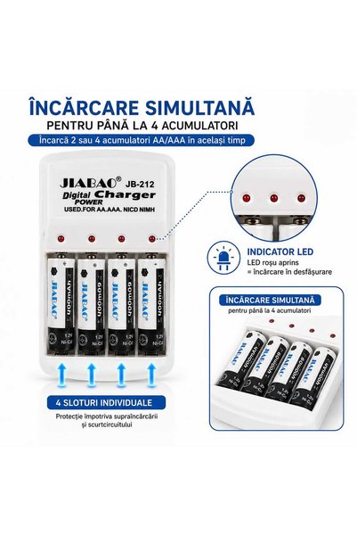 ANY SHOP MARKET Încărcător acumulatori JIABAO JB-212, pentru baterii reîncărcabile AA/AAA, compatibil Ni-MH și Ni-Cd, 4 sloturi, indicator LED, alimentare 220-240V, alb