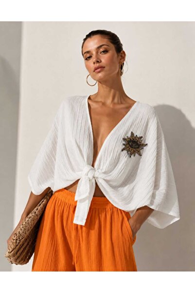Yumey Women's White Tie-Dye Kimono Sleeve Blouse with Stone Accessories