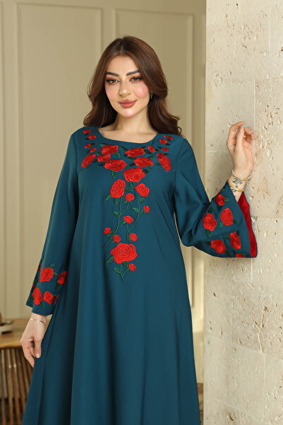 JAQUEEN Petrol Colored Jalabiya with Luxurious Red Floral Embroidery