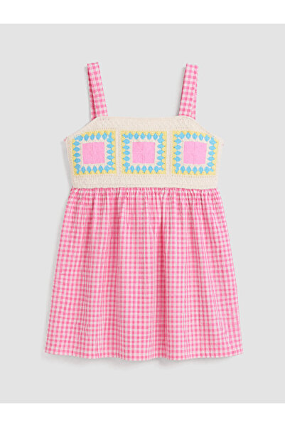 LC Waikiki Square Roba Collar Checkered Embroidered Girl's Crinkle Dress for ...