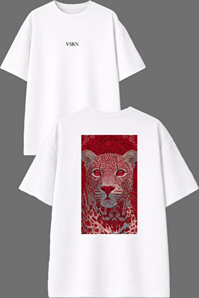 VSRN Red Cheetah Design Back Printed White Oversize T-Shirt