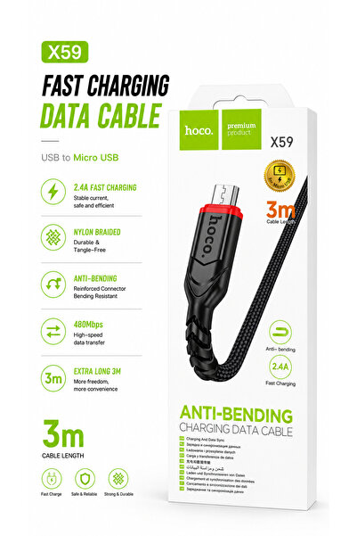 hoco. Кабел за зареждане и пренос на данни HOCO X59 USB-A към Micro USB, 3м, ...