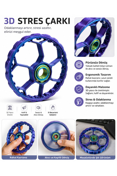 3D Baskı Bilyeli Stres Çarkı – Mavi/Mor Geçişli Tasarım