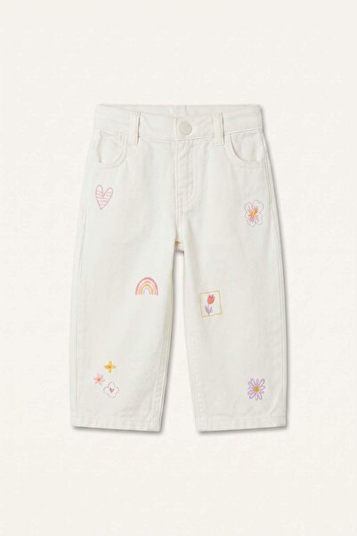 DeFacto Baggy Fıt Gabardin İşlemeli Ecru Pantolon Kız Bebek H9302A526AU