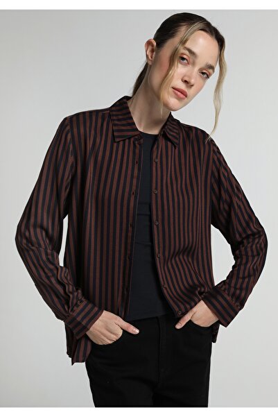 Colin's Fashion Fit Γυναικείο Ριγέ Πουκάμισο με Καφέ Μακριά Μανίκια
