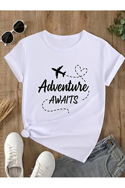 12 HERTZ Adventure Letter & Airplane Print Round Neck T-Shirt, Short Sleeve C...