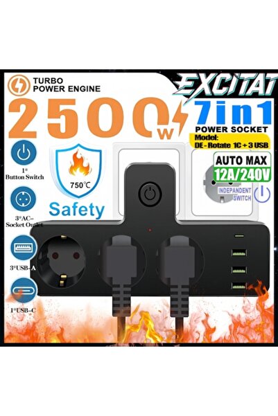 Excitat European standard multi-port power strip, 7 in 1, Excitat®, 2500W, 16...