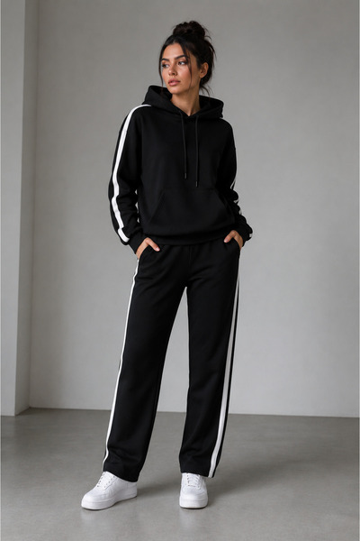 EYAX MODA Women's Striped Detail Hooded Tracksuit Set