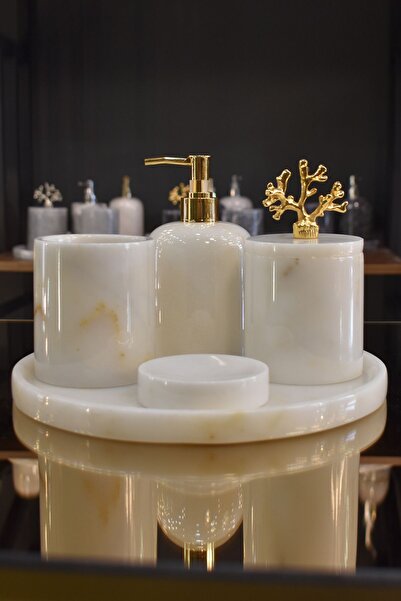 best side PALERMO Beyaz 5'li Mermer Banyo Seti Gold Dekorlu